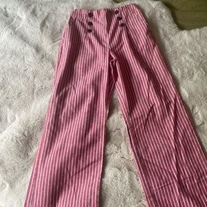 Red Wide Leg Pinstripe Pant with Buttons & Pockets